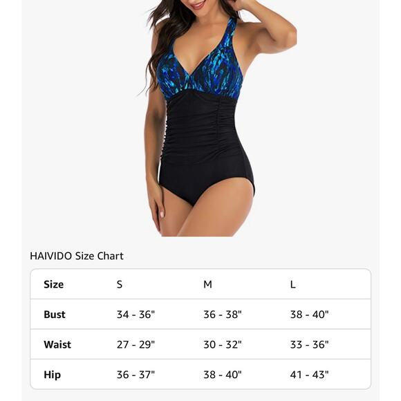 NWT Black Blue New V-Neck One Piece Ruched Swim Bathing Suit Women's Size Small - Picture 5 of 5